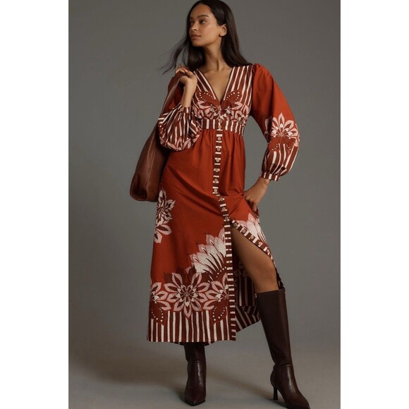 Farm Rio Anthropologie Midi Dress Red Long Sleeve Retro Cottagecore Small NWT